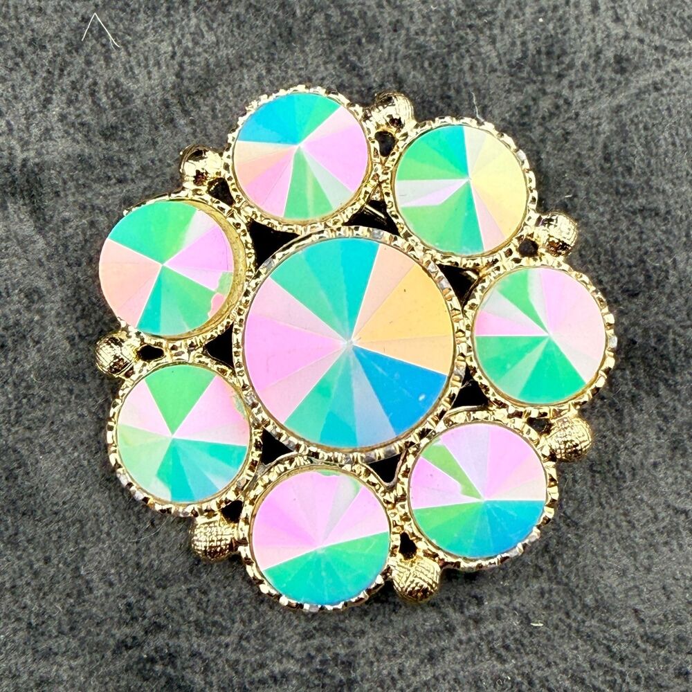 Vintage Brooch Rivoli Rhinestones AB Gold-tone Cluster Round Rainbow Green 1.75"